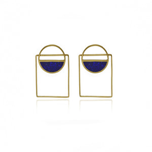 Handmade Afghan Blue Gemstone Lapis Lazuli Frame Earrings Gold Brass Elegant Inspired Jewelry Nature Mountain Square Abstract Gift for Her