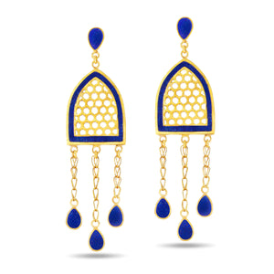 Handmade Afghan Blue Gemstone Lapis Lazuli Drop Lattice Gold Chain Earrings Elegant Inspired Jewelry Chic Accessories Bridal Gift for Her