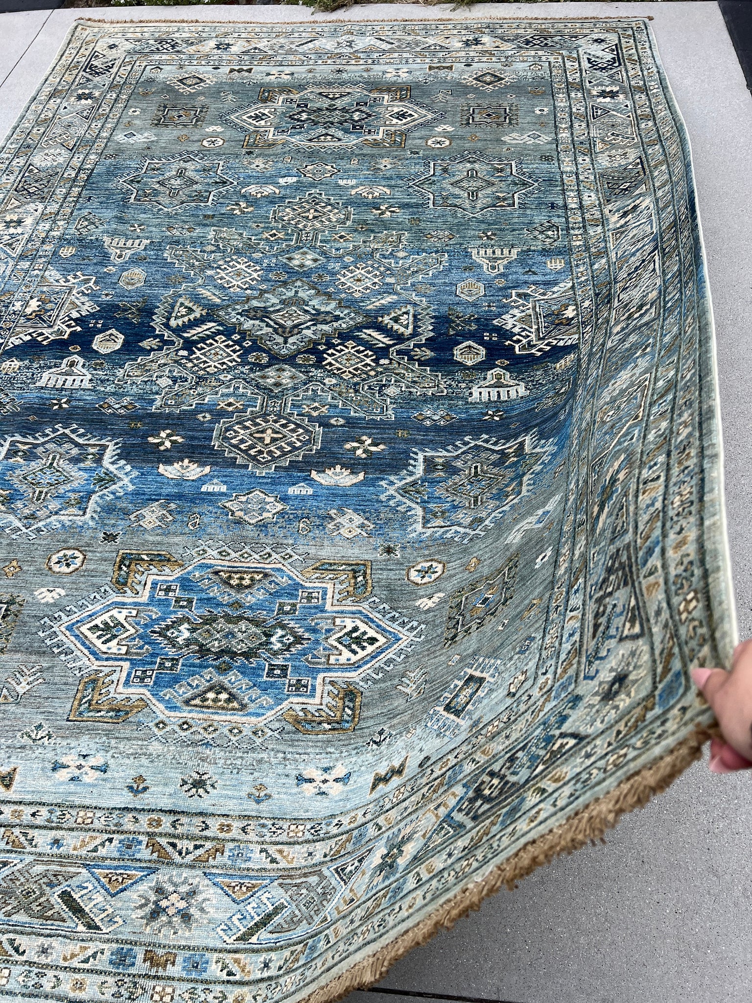 7x10 (215x305) Handmade Afghan Rug | Blue Powder Denim Sky Navy Teal Cream Gold Ivory Grey | Hand Knotted Wool Kazak