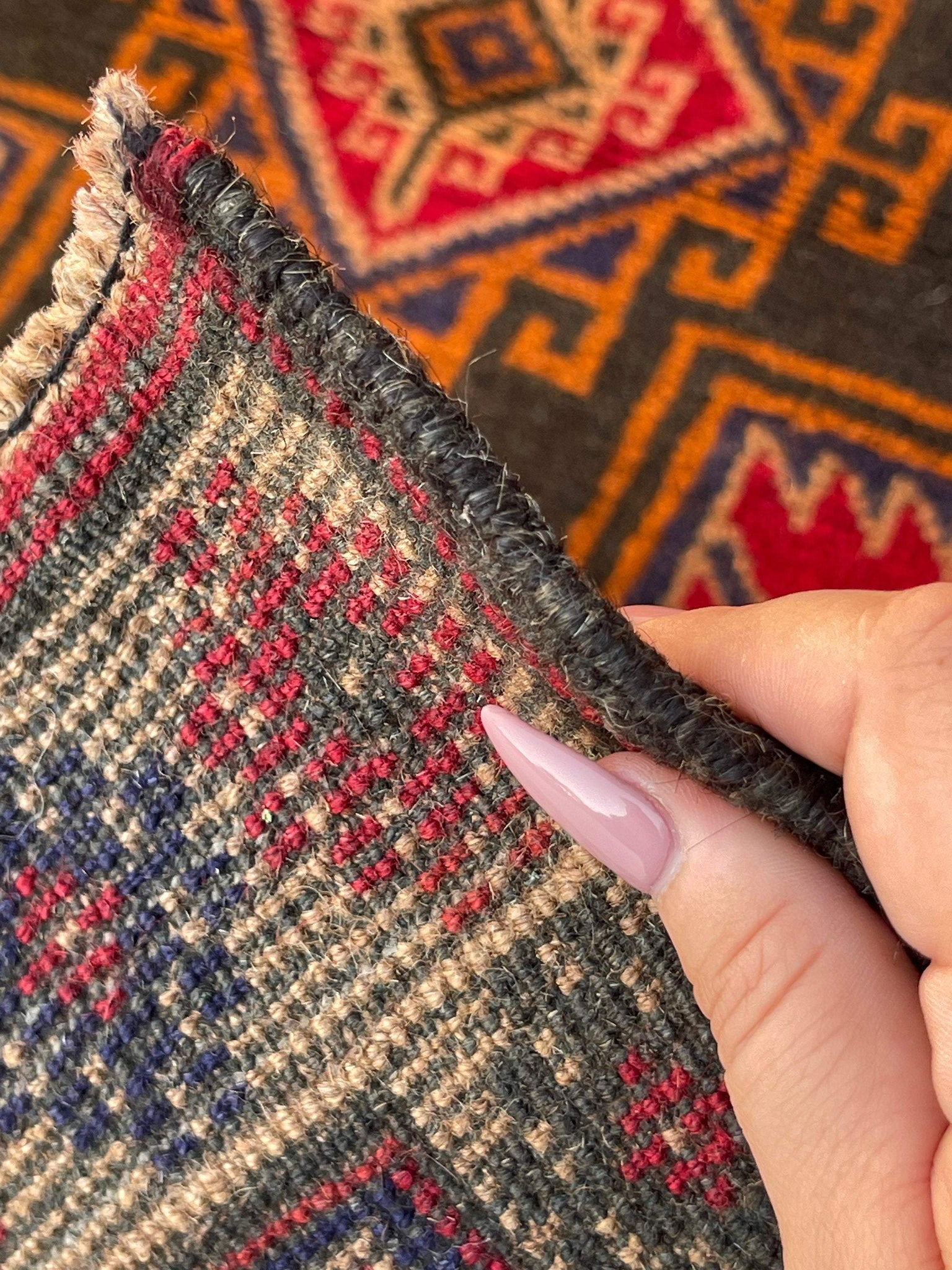 3x4 (90x120) Handmade Vintage Afghan Rug | Red Navy Blue Gold | Nomadic Baluch Boho Bohemian Tribal Turkish Moroccan Wool