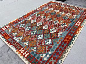 7x10 (215x305) Handmade Afghan Kilim Flatweave Rug | Ivory Orange Blue Sage | Boho Tribal Moroccan Outdoor Wool Knotted Woven