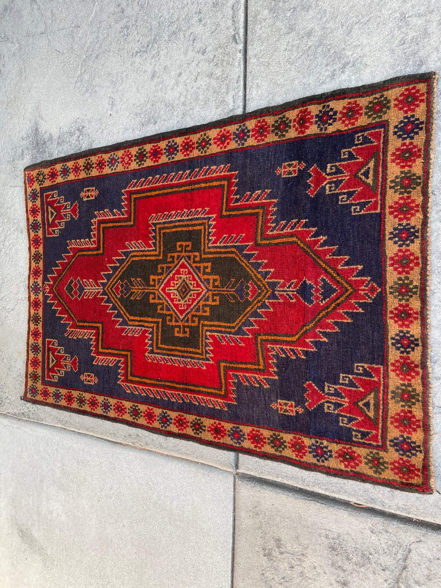 3x4 (90x120) Handmade Vintage Afghan Rug | Red Navy Blue Gold | Nomadic Baluch Boho Bohemian Tribal Turkish Moroccan Wool