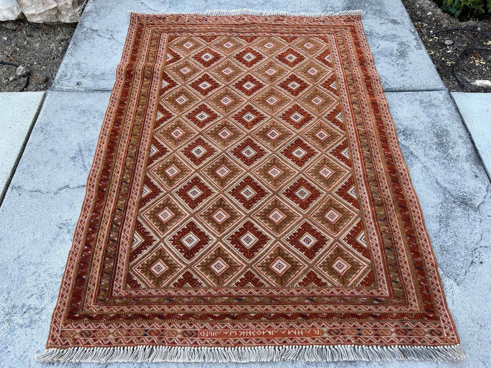3x4 (90x120) Handmade Afghan Rug | Chocolate Brown Burnt Rust Orange Black Ivory | Geometric Tribal Wool Boho