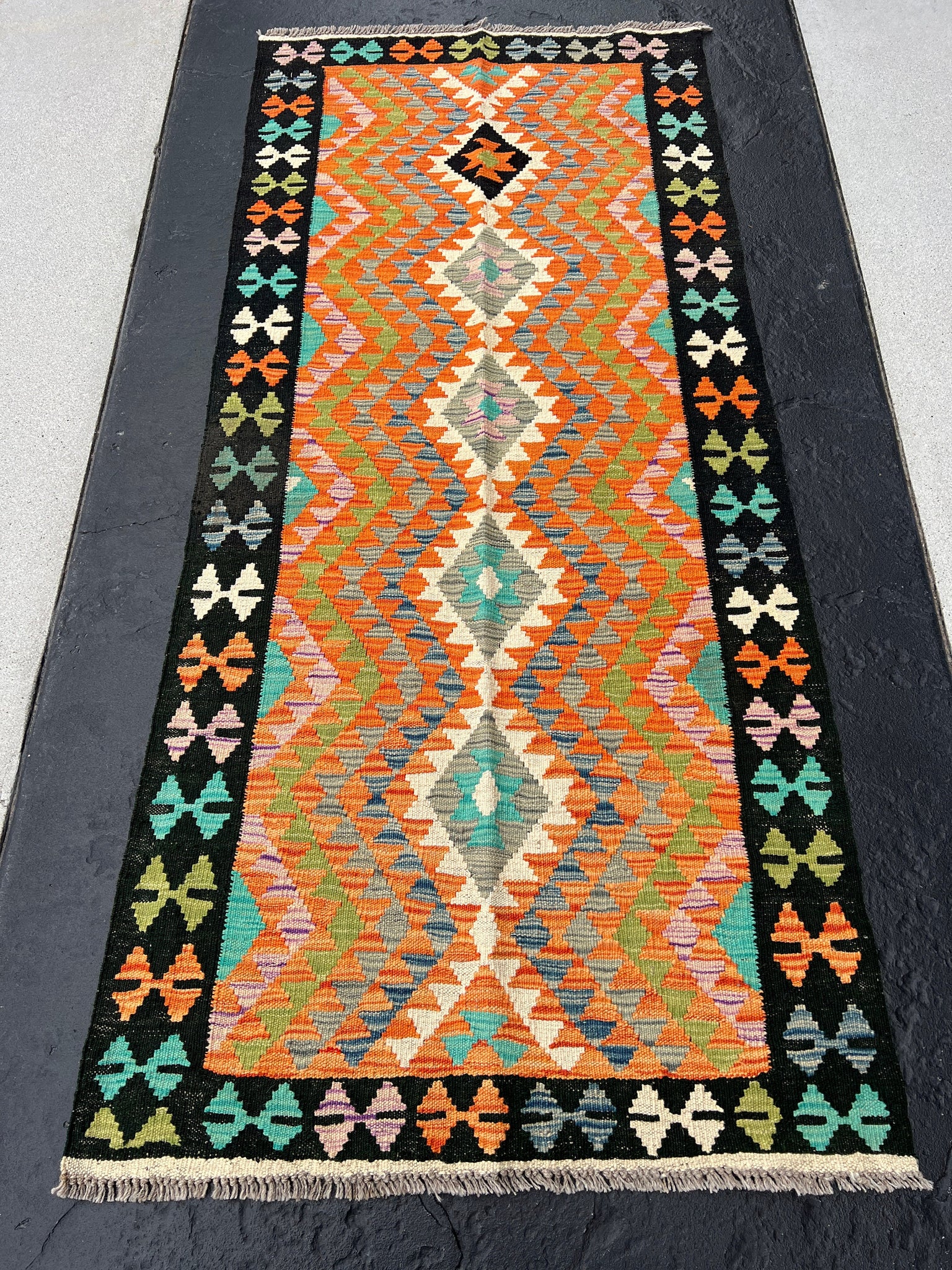 3x7 (100x200) Handmade Afghan Kilim Runner Rug | Black Burnt Orange Pink Teal Olive Ivory Turquoise Grey Prussian Blue | Flatweave Wool