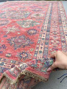 9x12~9x13 Handmade Afghan Rug | Pastel Pink Lilac Lavender Purple Turquoise Cream Ivory | Wool Hand Knotted Kazak Turkish Oushak Persian