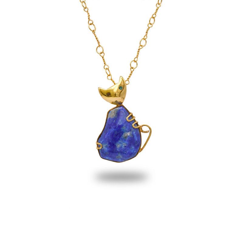 Handmade Afghan Lapis Lazuli Gemstone Cat Pendant Necklace with Gold Accents Gift for Him Her