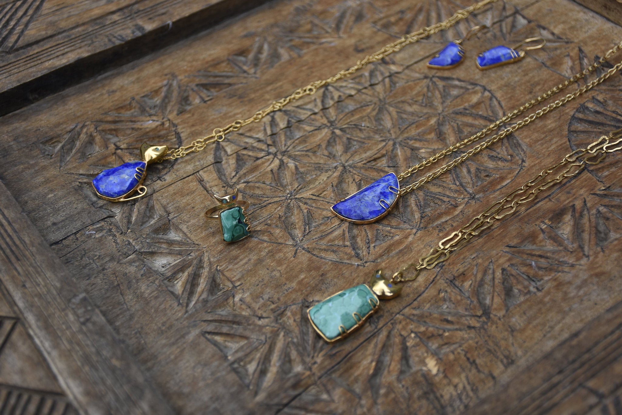 Handmade Afghan Ring Malachite Lapis Lazuli Cat Gold Brass Elegant Inspired Jewelry Boho Blue Green Gemstone Chic Accessories Gift for Her