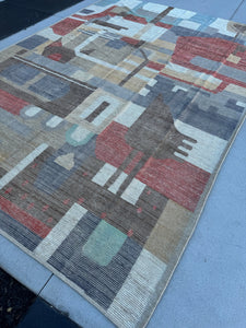 10x14 Handmade Afghan Moroccan Rug | Earth Tones Ivory Grey Powder Blue Brown Brick Red Sage Green Black | Contemporary Wool Hand Knotted