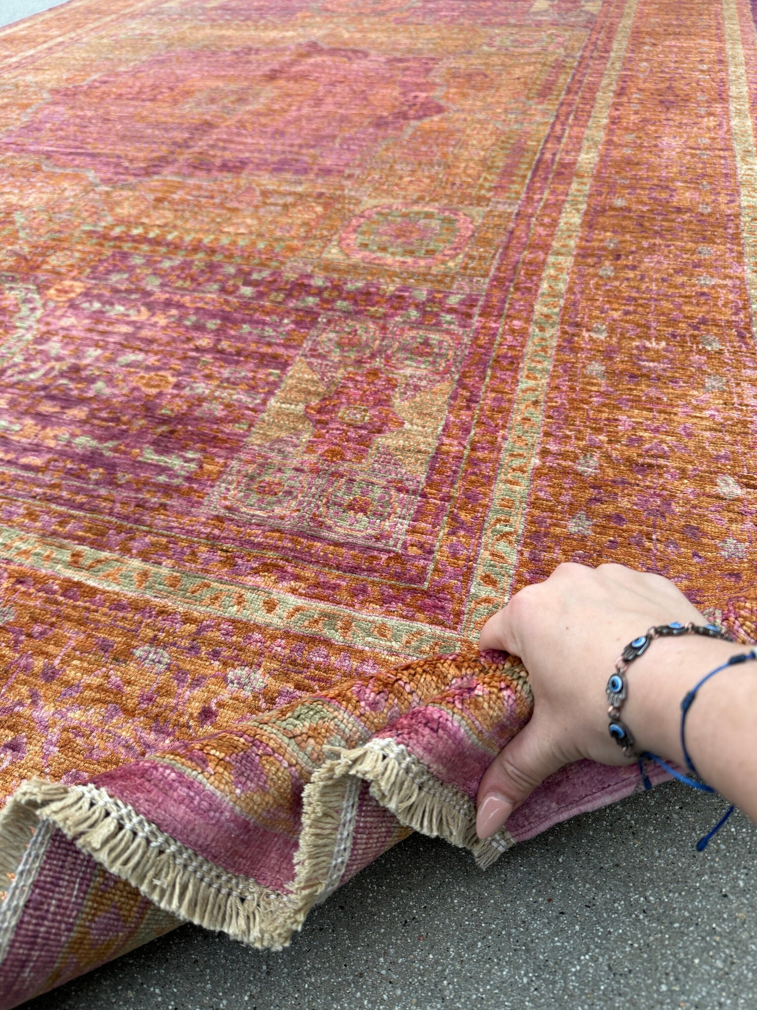 6x8 (182x244) Handmade Afghan Rug | Fuchsia Pink Magenta Lilac Lavender Saffron Rust Orange Teal Denim Blue | Wool Mamluk Hand Knotted