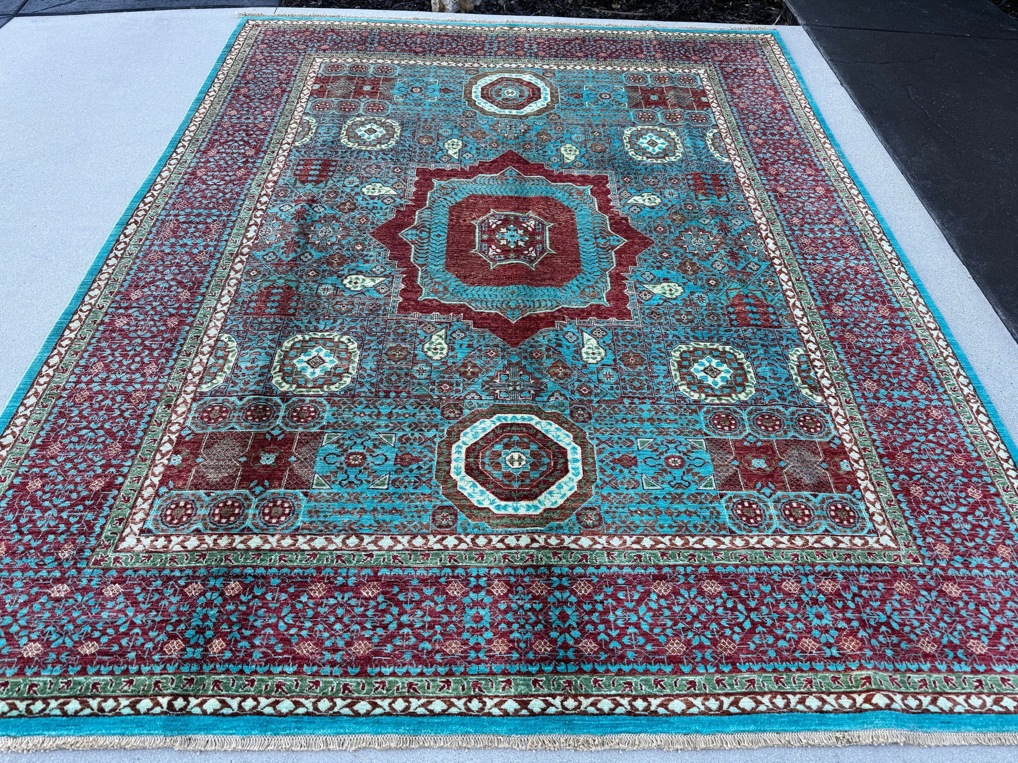 8x10 (240 x305) Handmade Afghan Rug | Teal Turquoise Auburn Blood Red Ivory Cream Moss Green Black | Wool Hand Knotted Nature