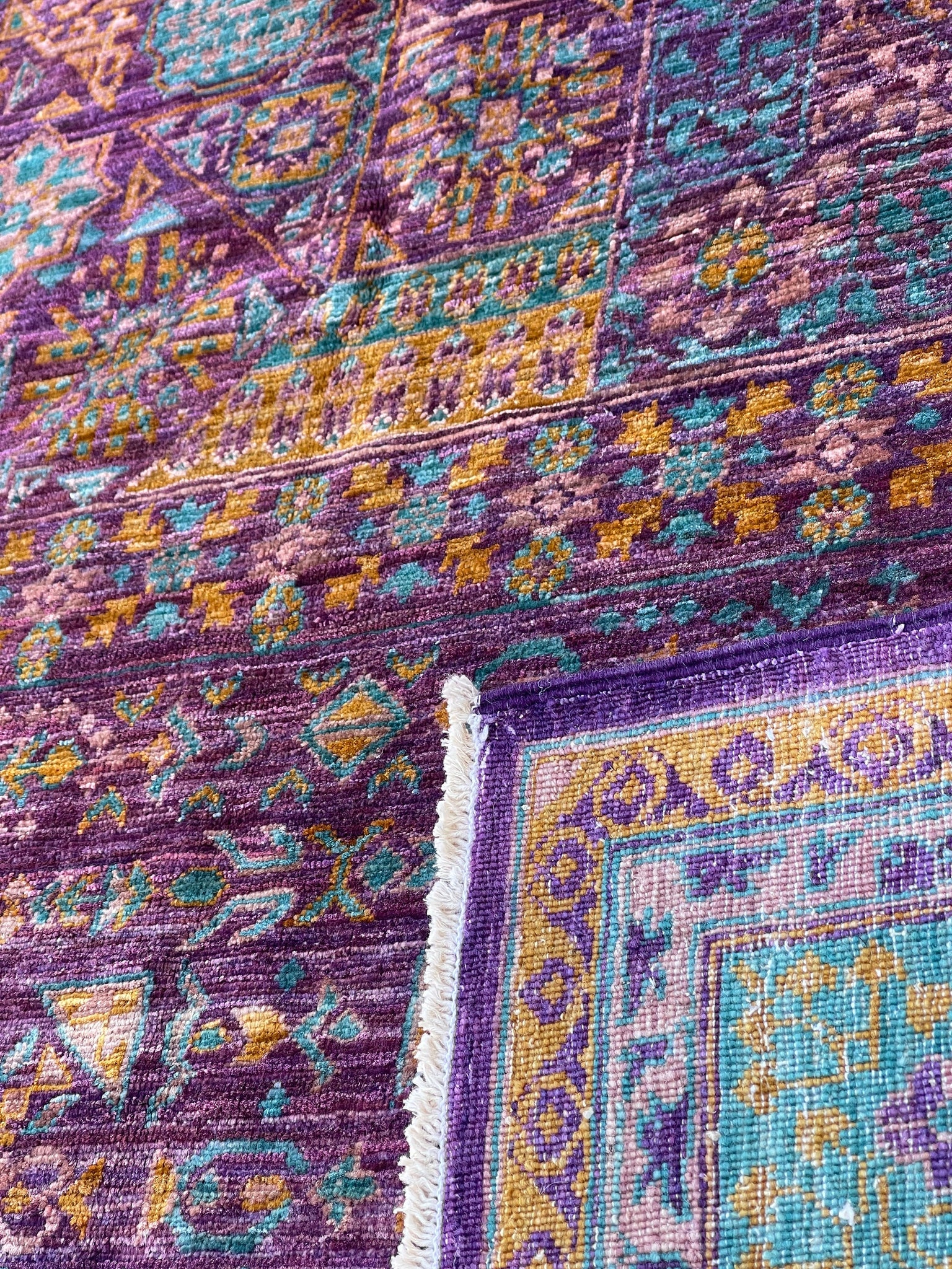 9x12 Authentic Hand-Knotted Afghan Rug | Purple Green Yellow-Gold Teal Lavender Handmade Wool Afghan Rug | Mamluk Wool Traditional Medallion