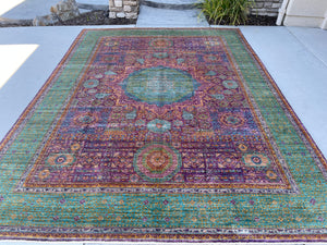 9x12 Authentic Hand-Knotted Afghan Rug | Purple Green Yellow-Gold Teal Lavender Handmade Wool Afghan Rug | Mamluk Wool Traditional Medallion