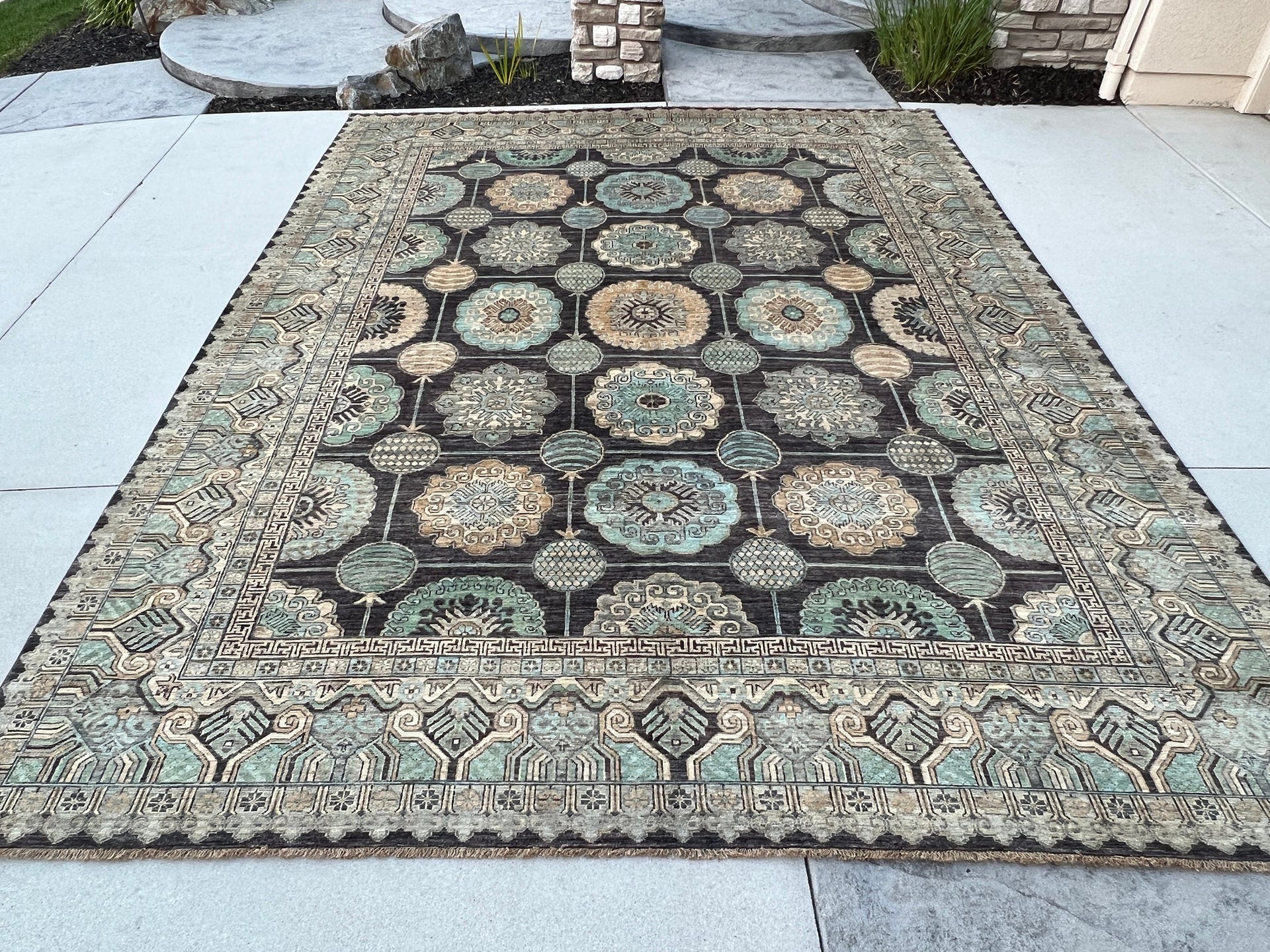 Made to Order 10x14 (305x425) Handmade Afghan Rug | Charcoal Teal Ivory Creamy Cream | Oushak Serapi Turkish Persian Tribal Wool Knotted