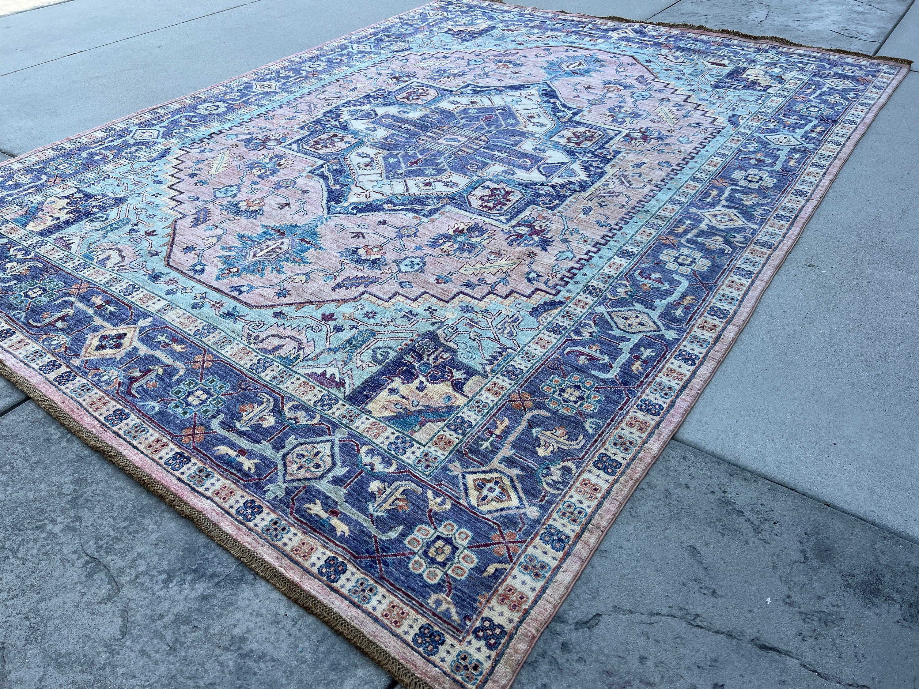 Made to Order 9x12 Muted Neutral Hand-Knotted Afghan Rug | Pastel Pink Salmon Purple Lavender Baby Powder Blue | Oushak Turkish Persian