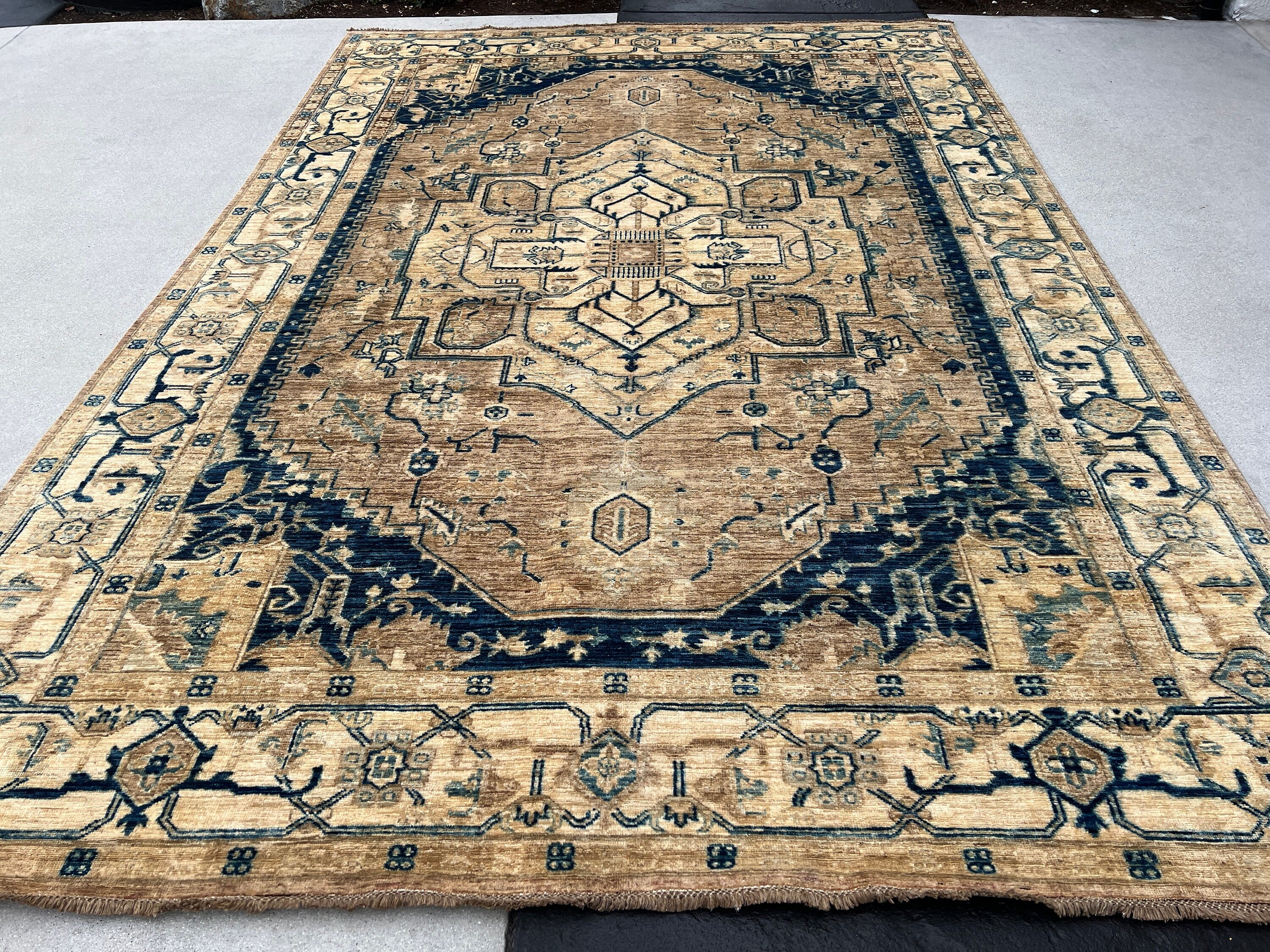 Made to Order 8x11 Fair Trade Handmade Afghan Rug | Neutral Beige Blue Mocha Brown Carmel Ivory | Persian Heriz Serapi Turkish Bohemian Wool