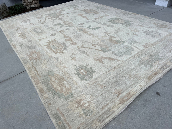 8x10 - 8x11 Handmade Afghan Rug | Light Warm Grey Cream Ivory Charcoal Mauve Brown Sage Green Coral | Turkish Oushak Knotted Wool Persian Neutral Area Rug