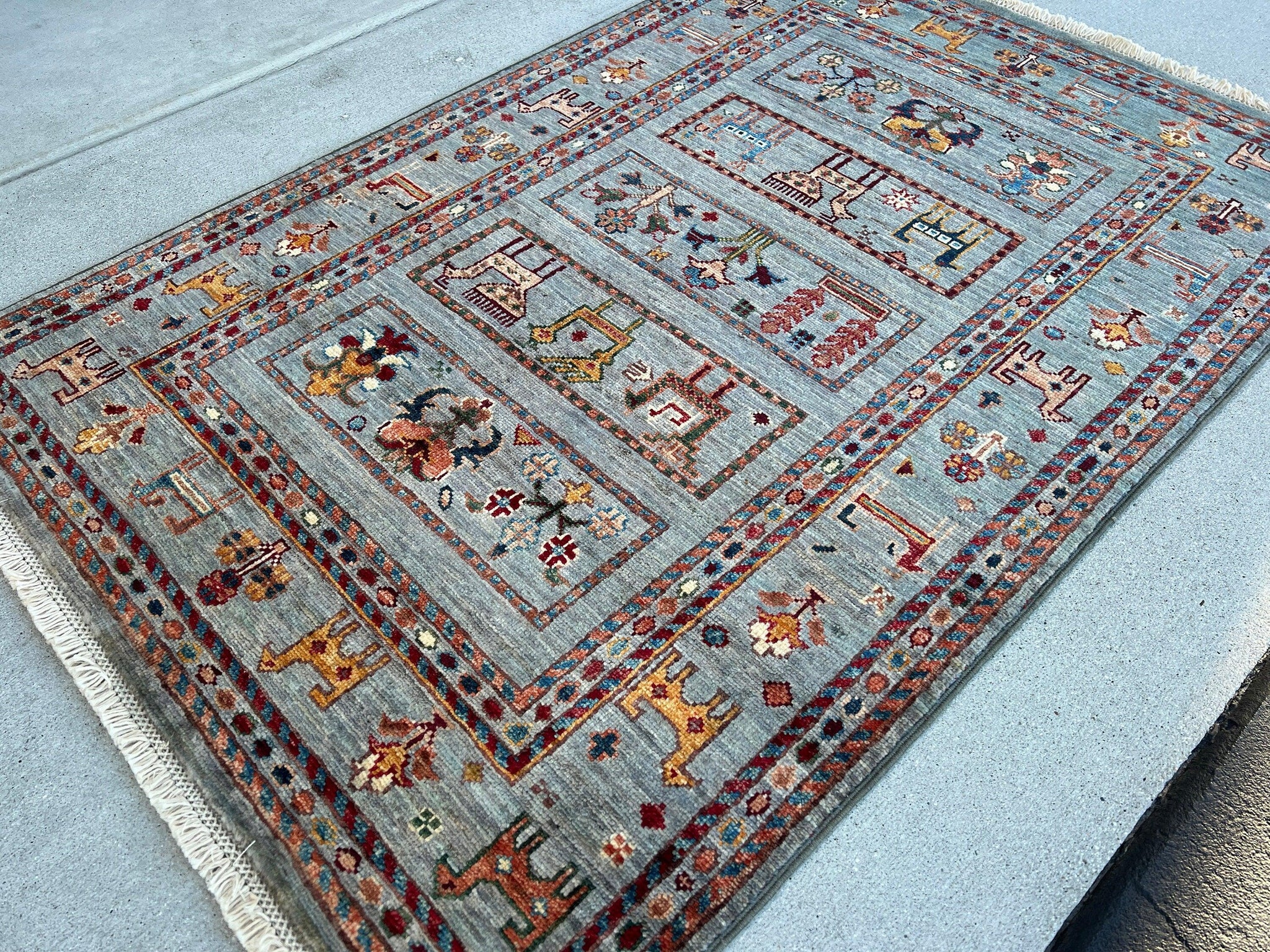 3x4 Handmade Afghan Rug | Grey Gray Caramel Peach Navy Blue Turquoise Green Brick Red | Turkish Oushak Tribal Boho Animals Gabbeh