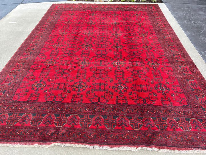 8x11-9x12 (275x365) Handmade Afghan Rug | Red Black Crimson Red Cream Beige | Khal Mohammadi Wool Knotted Oriental Turkmen Boho