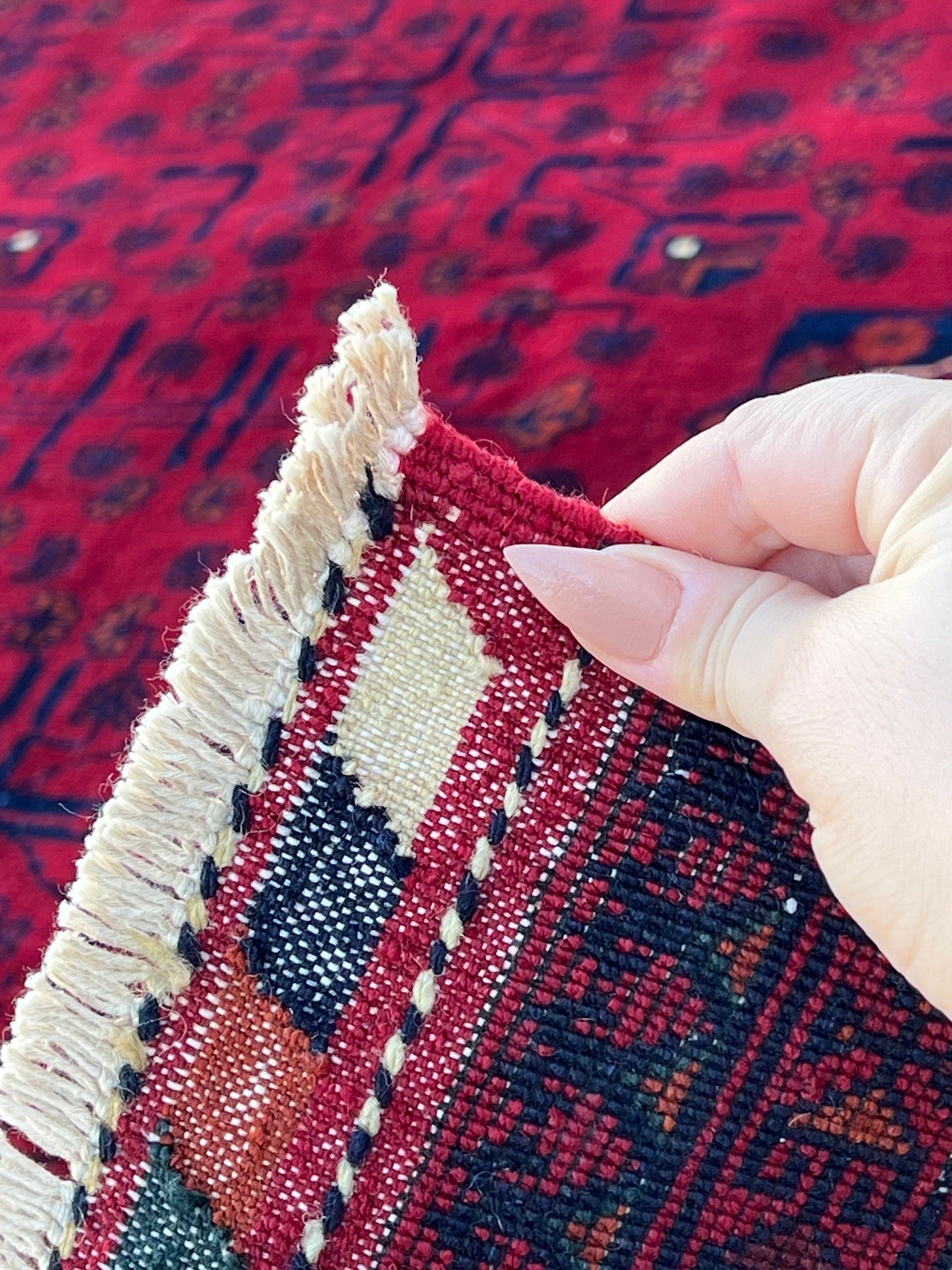 6x8 (180x245) Handmade Afghan Rug | Cherry Red Burnt Orange Black Crimson Red Ivory Charcoal Grey | Hand Knotted Floral Wool