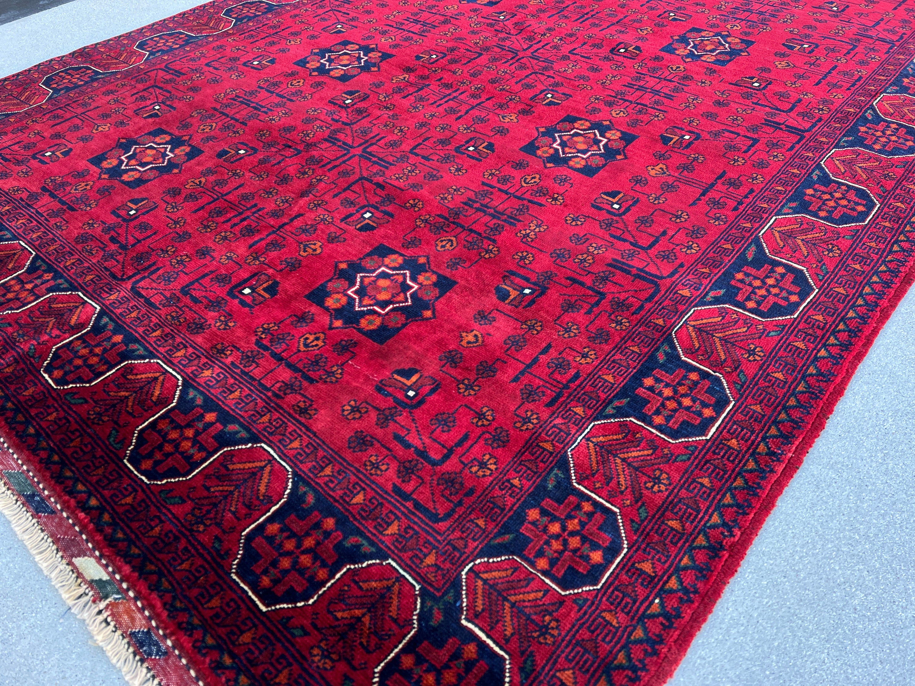 6x8 (180x245) Handmade Afghan Rug | Cherry Red Burnt Orange Black Crimson Red Ivory Charcoal Grey | Hand Knotted Floral Wool