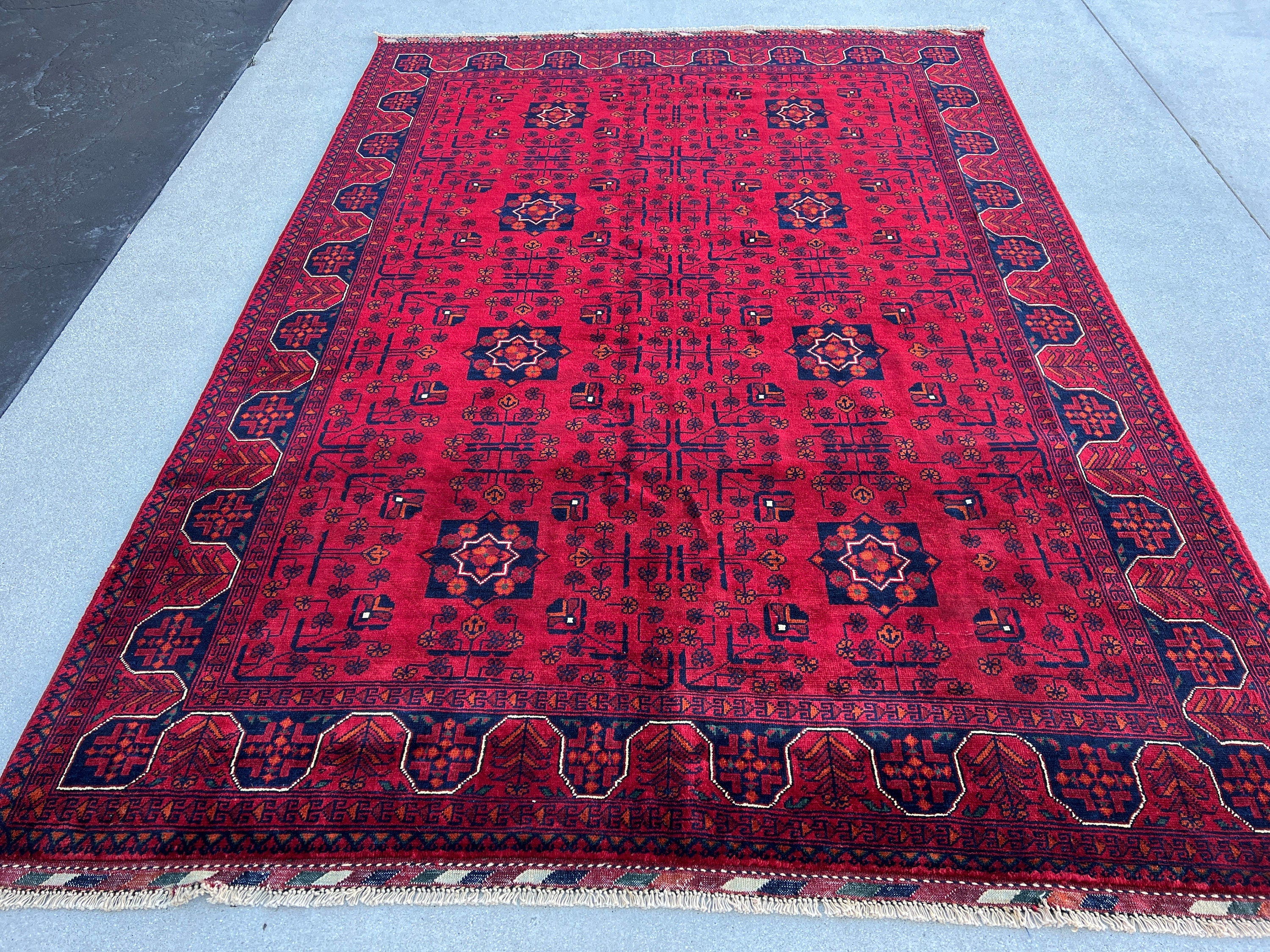 6x8 (180x245) Handmade Afghan Rug | Cherry Red Burnt Orange Black Crimson Red Ivory Charcoal Grey | Hand Knotted Floral Wool