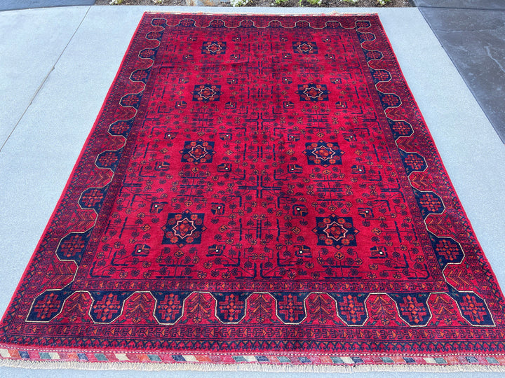 6x8 (180x245) Handmade Afghan Rug | Cherry Red Burnt Orange Black Crimson Red Ivory Charcoal Grey | Hand Knotted Floral Wool