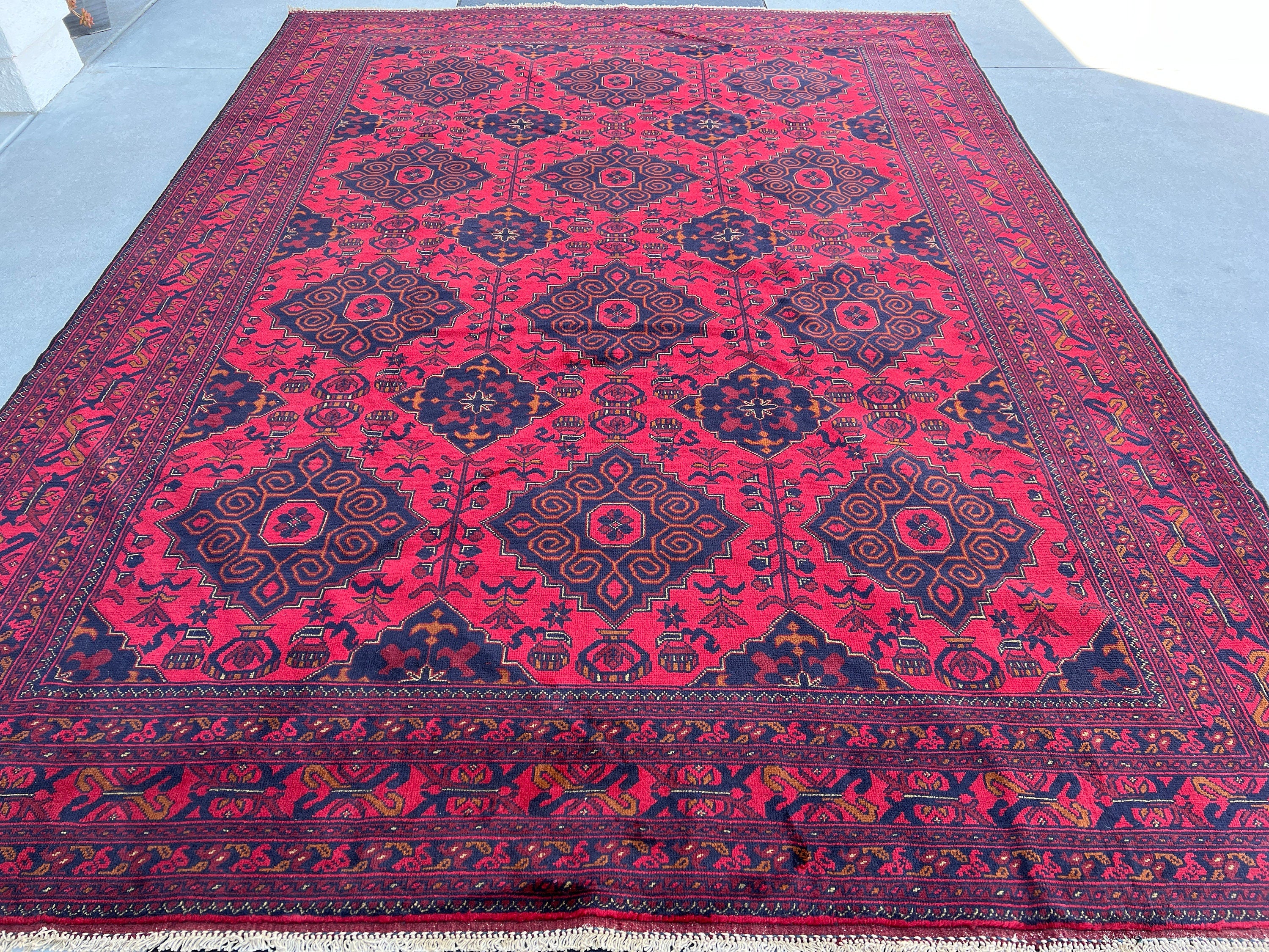 8x12 (245x365) Handmade Afghan Rug | Cherry Red Black Mahogany Crimson Red Ivory | Hand Knotted Khal Mohommadi Geometric Floral Persian