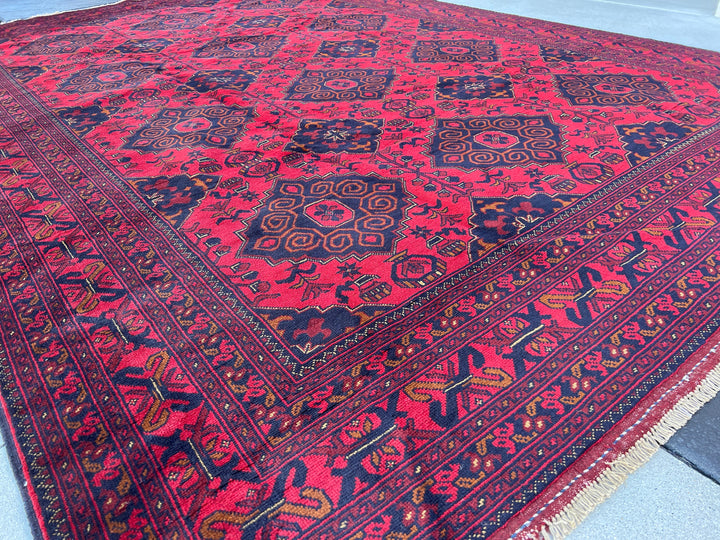 8x12 (245x365) Handmade Afghan Rug | Cherry Red Black Mahogany Crimson Red Ivory | Hand Knotted Khal Mohommadi Geometric Floral Persian