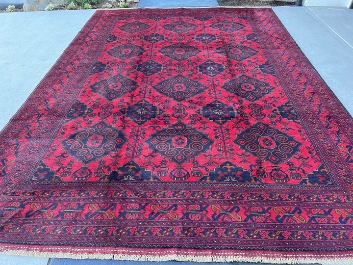 8x12 (245x365) Handmade Afghan Rug | Cherry Red Black Mahogany Crimson Red Ivory | Hand Knotted Khal Mohommadi Geometric Floral Persian