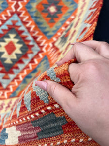 4x6 (120x185) Handmade Afghan Kilim Rug | Orange Mustard Olive Green Blood Red Denim Blue Sky Blue Ivory | Geometric Wool Flatweave Wool