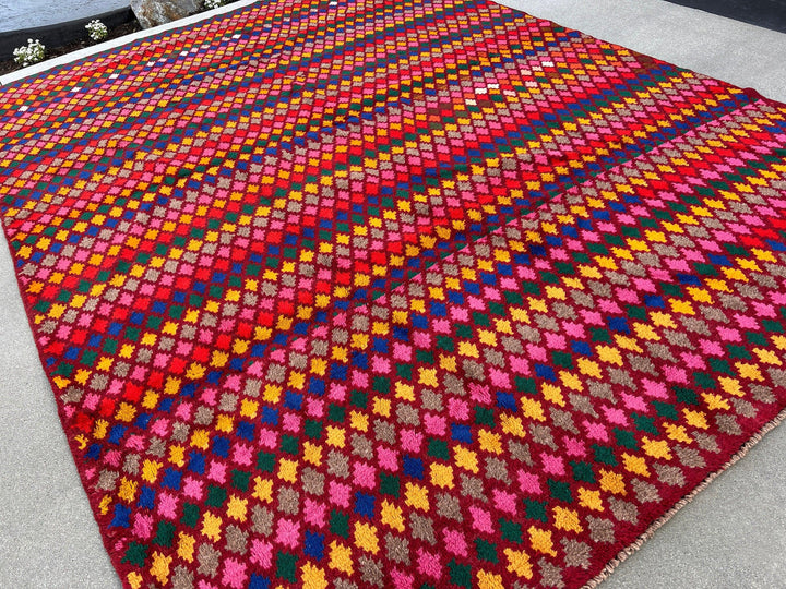 7x10 (215x305) Handmade Vintage Baluch Afghan Rug | Burgundy Mustard Yellow Pine Green Grey Blush Pink Blue Red | Geometric Persian Wool