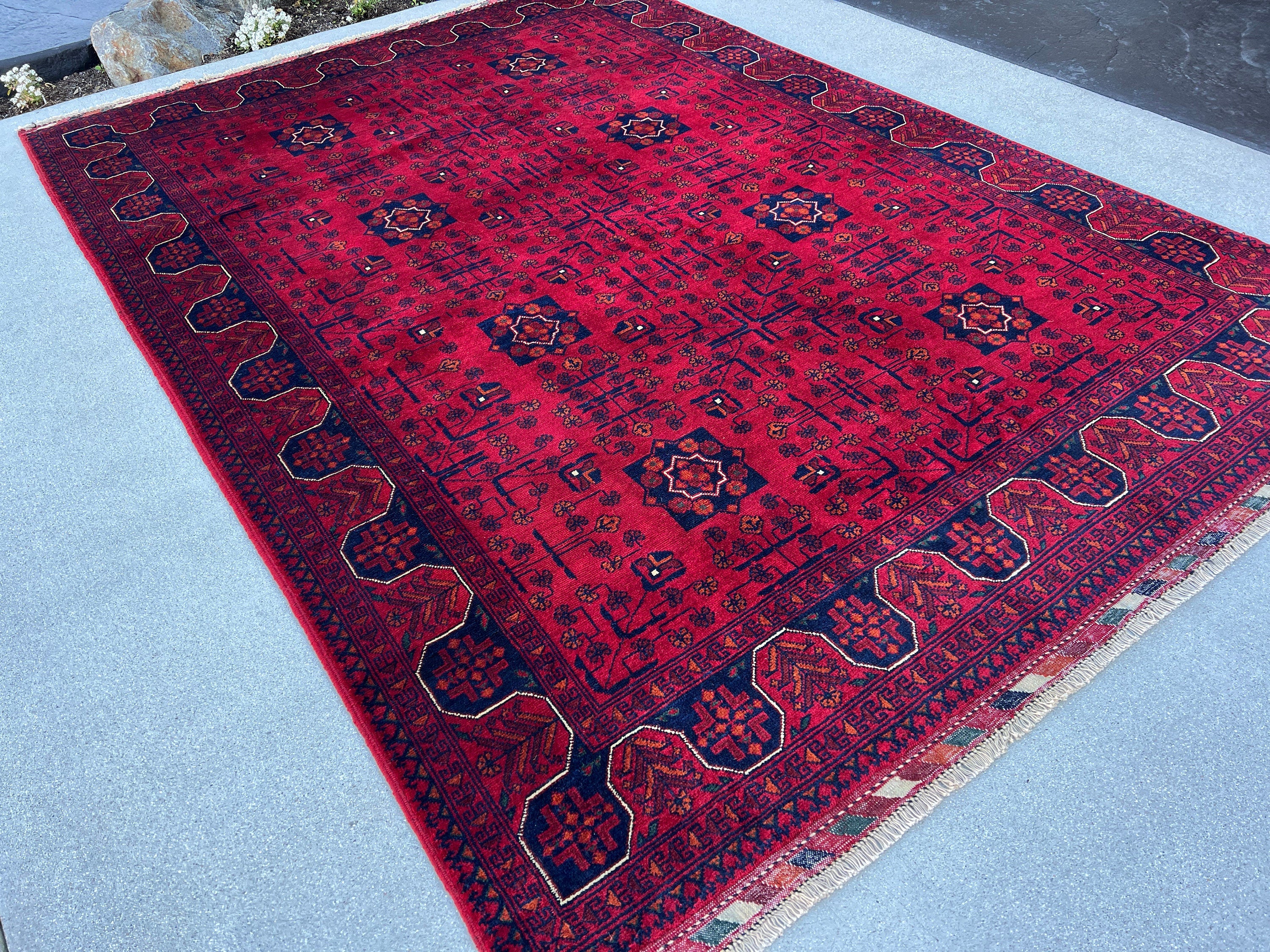 6x8 (180x245) Handmade Afghan Rug | Cherry Red Burnt Orange Black Crimson Red Ivory Charcoal Grey | Hand Knotted Floral Wool