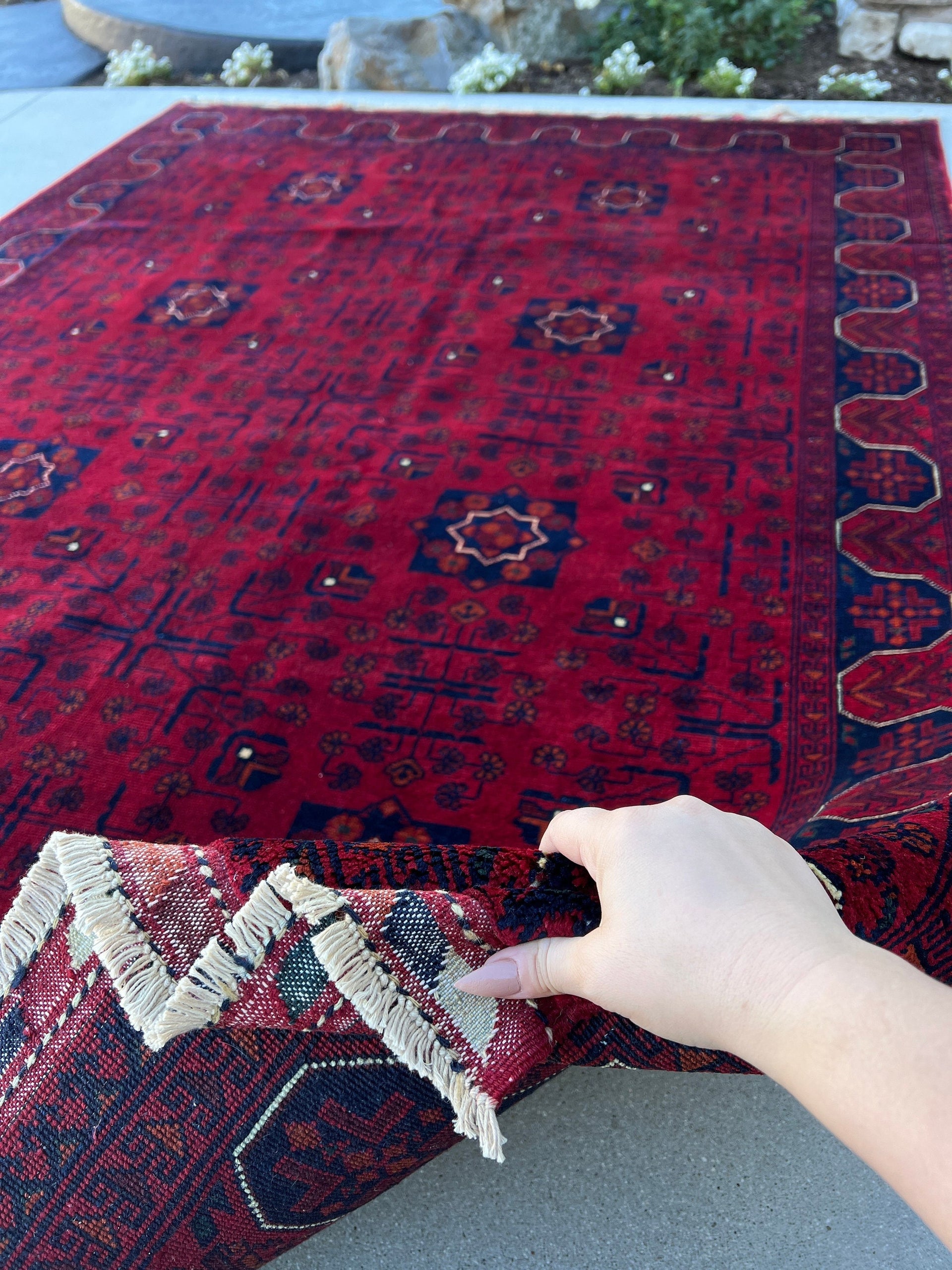 6x8 (180x245) Handmade Afghan Rug | Cherry Red Burnt Orange Black Crimson Red Ivory Charcoal Grey | Hand Knotted Floral Wool