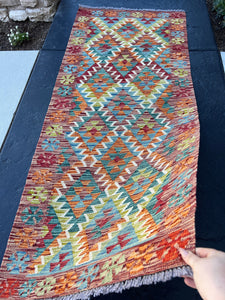 3x7 (100x200) Handmade Afghan Kilim Runner Rug | Teal Ivory Burnt Orange Crimson Brick Red Moss Green Denim Blue Grey | Geometric Wool