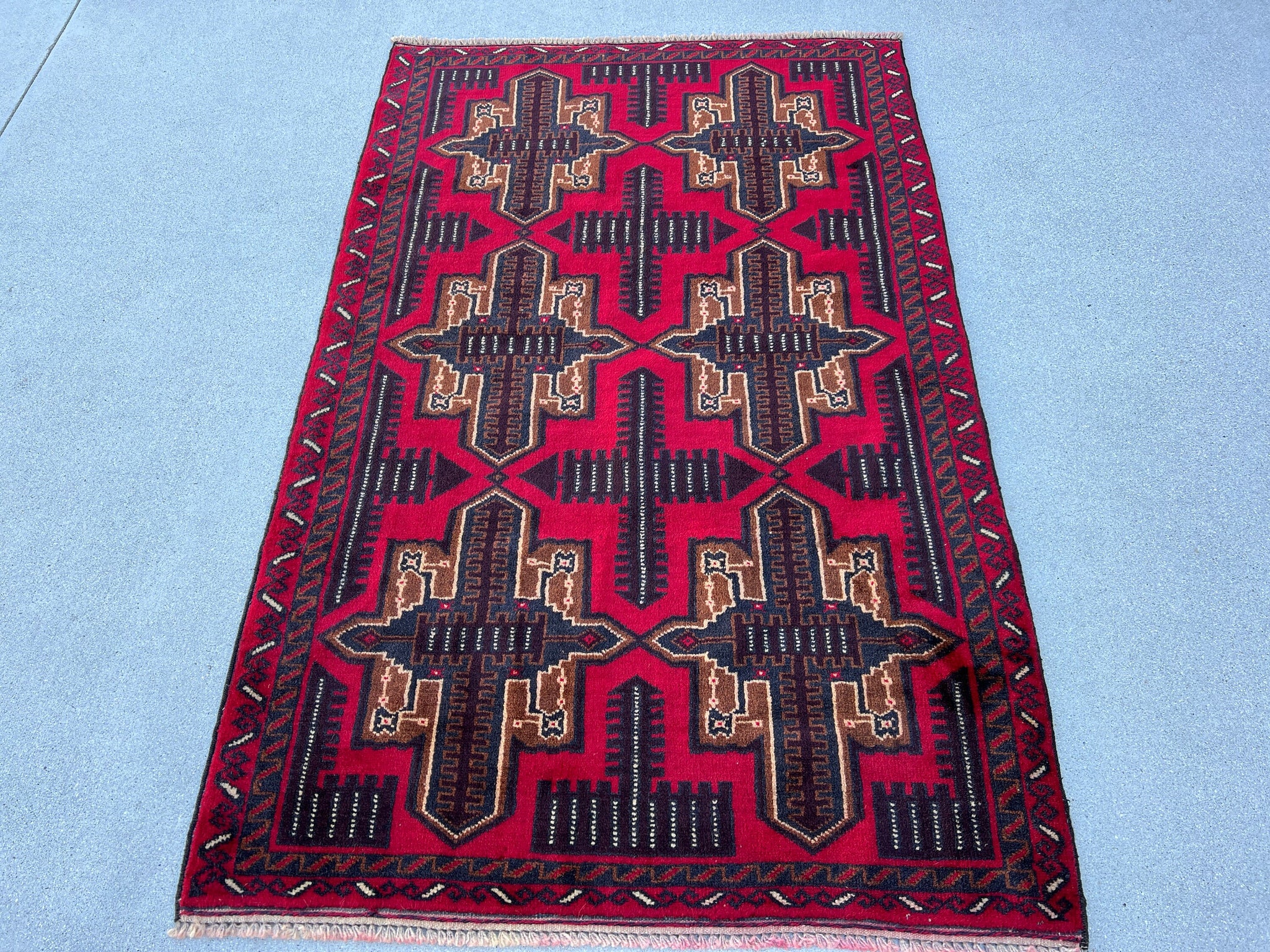 3x5 (100x180) Handmade Vintage Baluch Afghan Rug | Cherry Red Indigo Caramel Brown Ivory Cream Chocolate Brown | Hand Knotted Geometric Wool