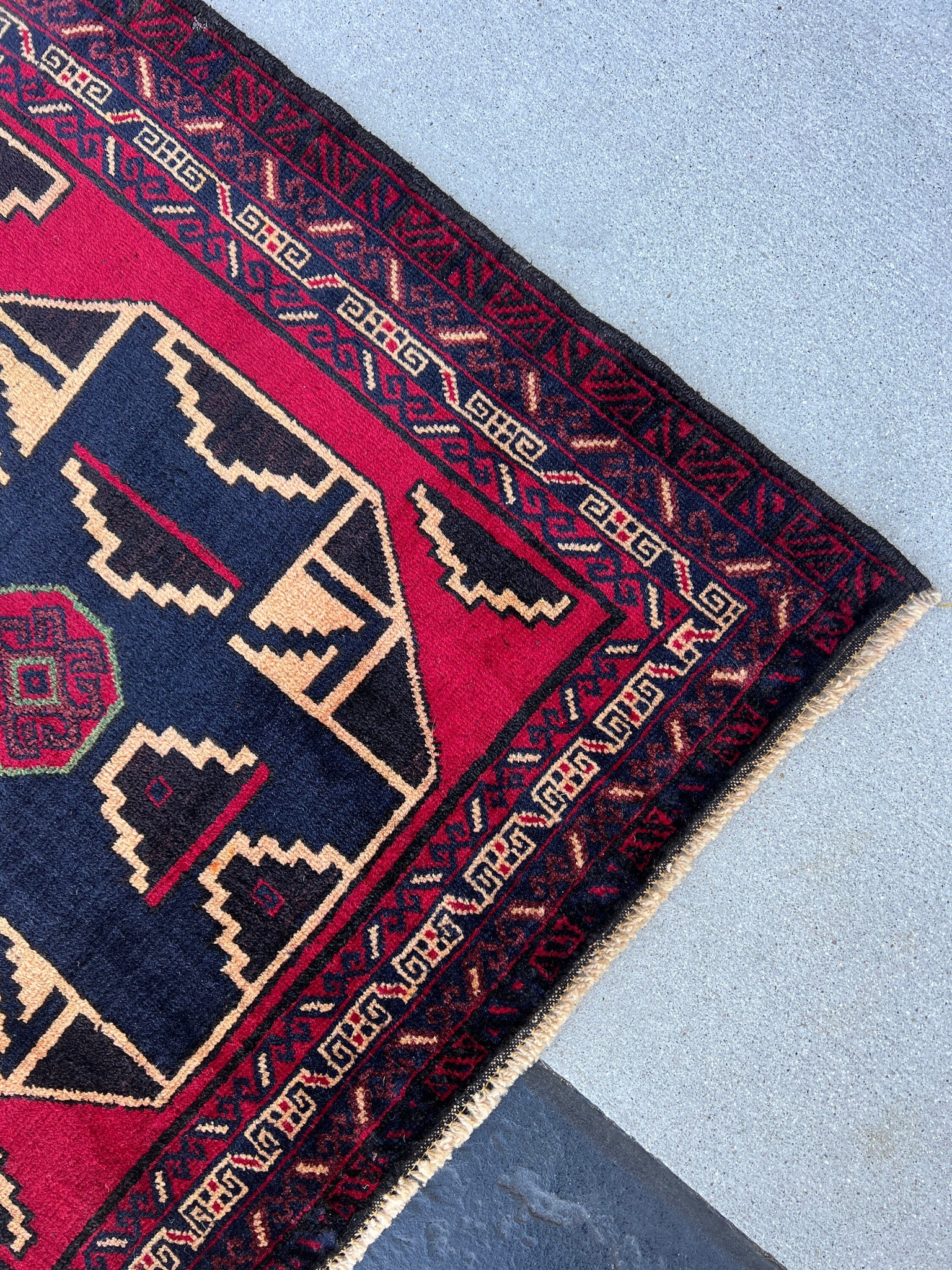 3x5 (100x180) Handmade Vintage Baluch Afghan Rug | Midnight Blue Brick Red Cream Beige Black Chocolate Brown | Geometric Hand Knotted Wool