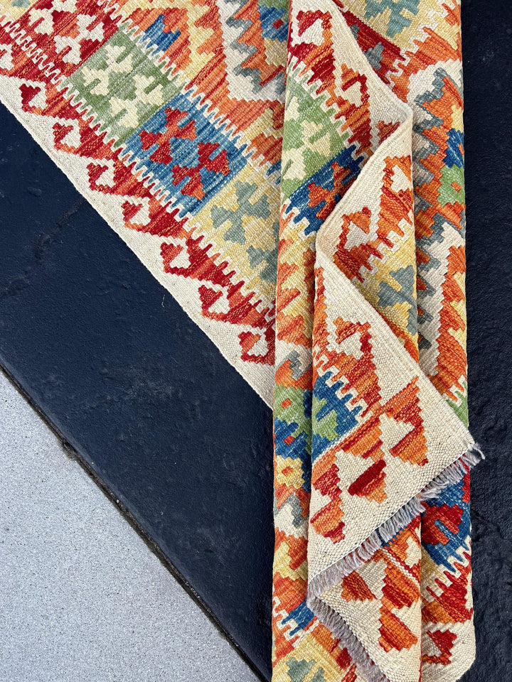 3x7 (100x200) Handmade Afghan Kilim Runner Rug | Cream Beige Orange Brick Red Royal Blue Olive Lime Green Yellow | Geometric Turkish Wool