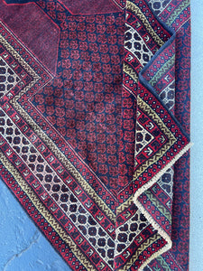 3x5 (100x180) Handmade Vintage Baluch Afghan Rug | Midnight Blue Brick Red Cream Beige Black Chocolate Brown | Geometric Hand Knotted Wool