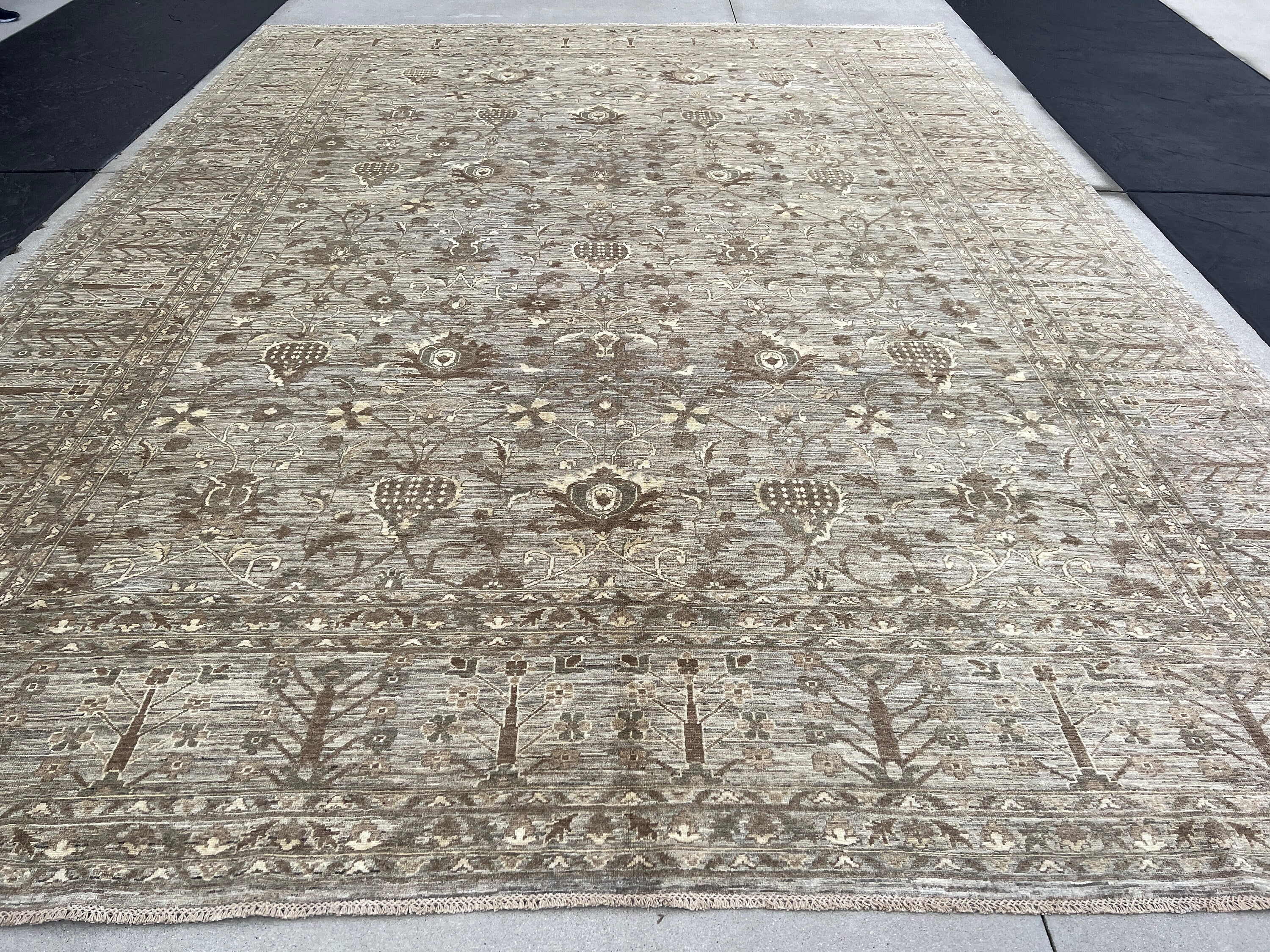 Made to Order 12x15 Handmade Afghan Rug | Neutral Grey Gray Olive Green Brown Ivory Cream | Turkish Oushak Boho Bohemian