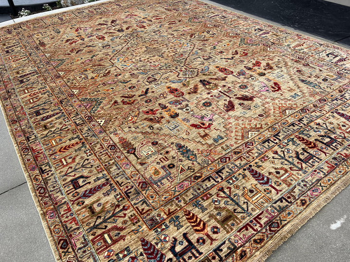 Made to Order 9x12 Handmade Afghan Rug Earth Tones Brown Umber Denim Blue Brick Red Maroon Teal Pine Olive Green Burnt Orange Pink Ivory