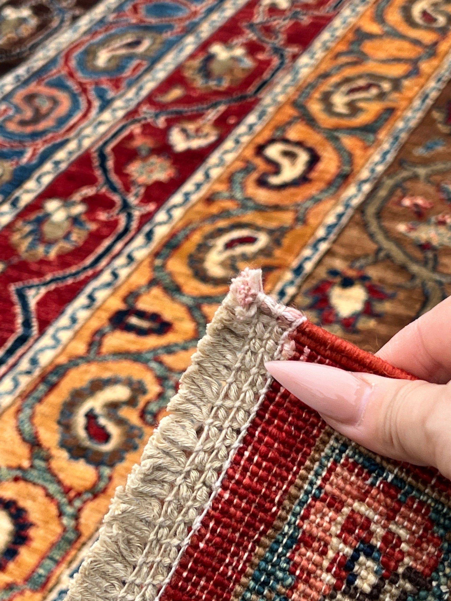 8x9 Handmade Afghan Rug | Brick Red Denim Navy Blue Saffron Orange Chocolate Mocha Brown Pine Green Teal Cream Beige | Geometric Wool