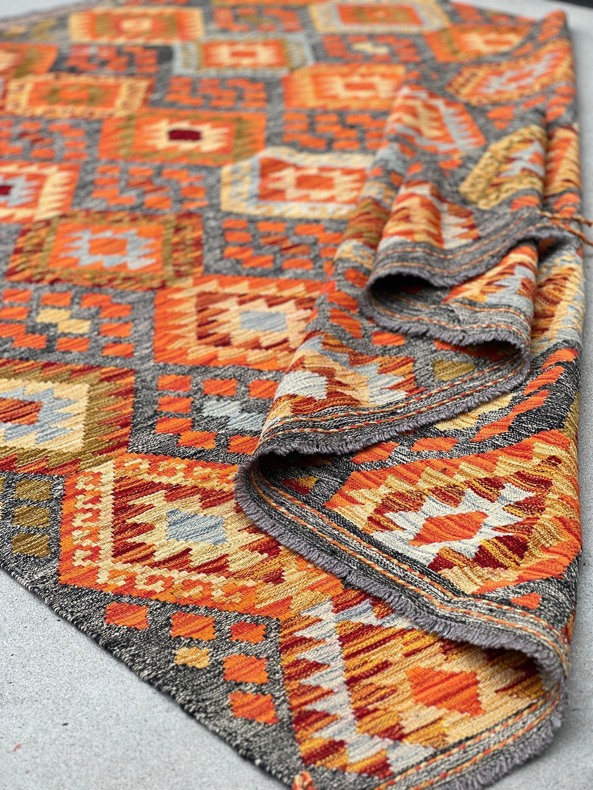 7x10 Handmade Afghan Kilim Rug | Grey Gray Burnt Orange Olive Green Brown Sky Baby Blue | Flatweave Wool Turkish Oushak Outdoor Patio