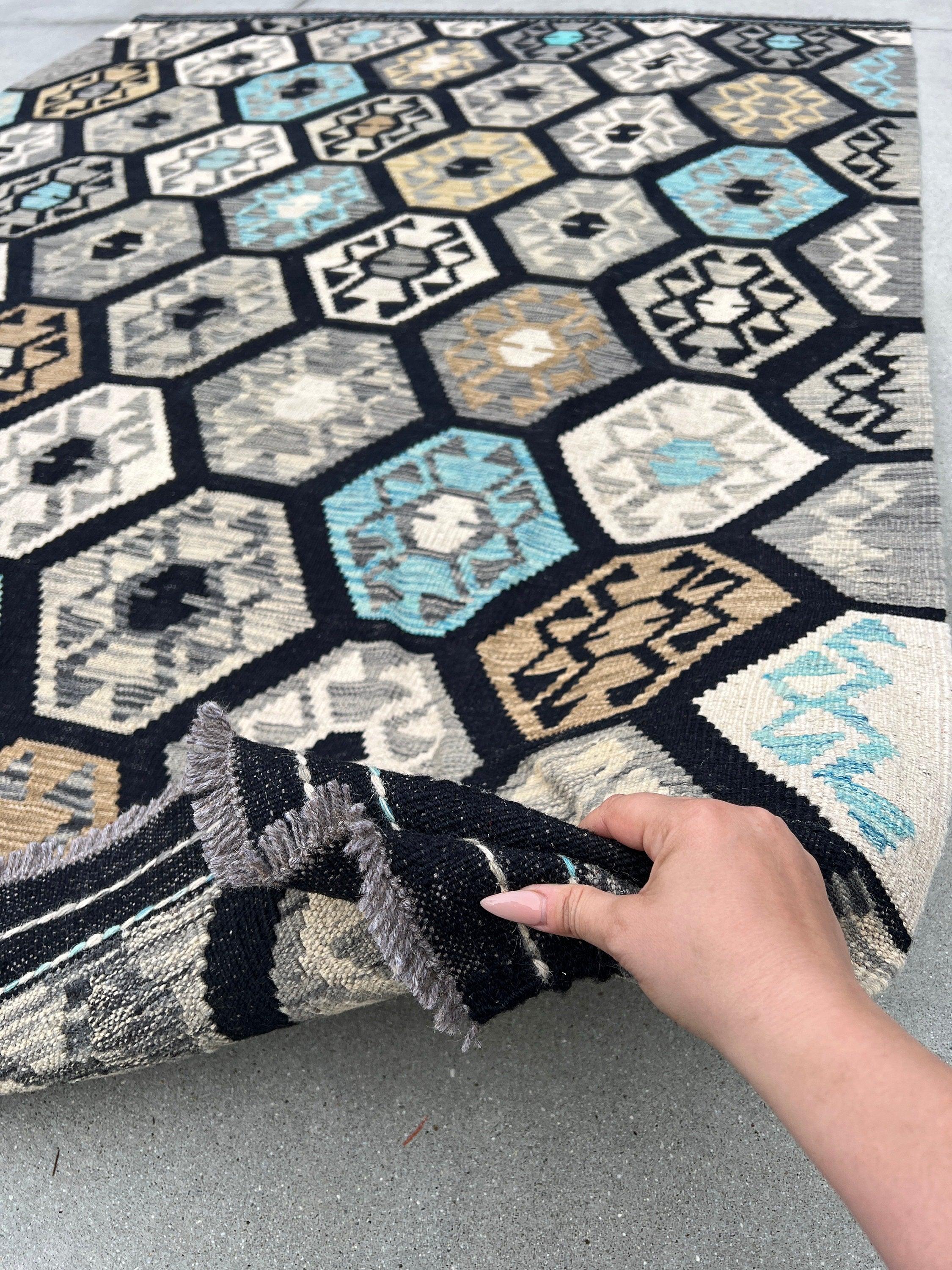 6x8 Handmade Afghan Kilim Rug | Black Ivory Cream Beige Grey SKy Baby Blue Tan Brown | Flatweave Flat Woven Bohemian Wool Outdoor