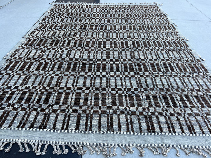 9x13 Handmade Afghan Moroccan Rug | Neutral Grey Gray Coffee Brown Ivory Cream | Berber Beni Ourain Mrirt Boujad Taznakht Flokati Wool Plush