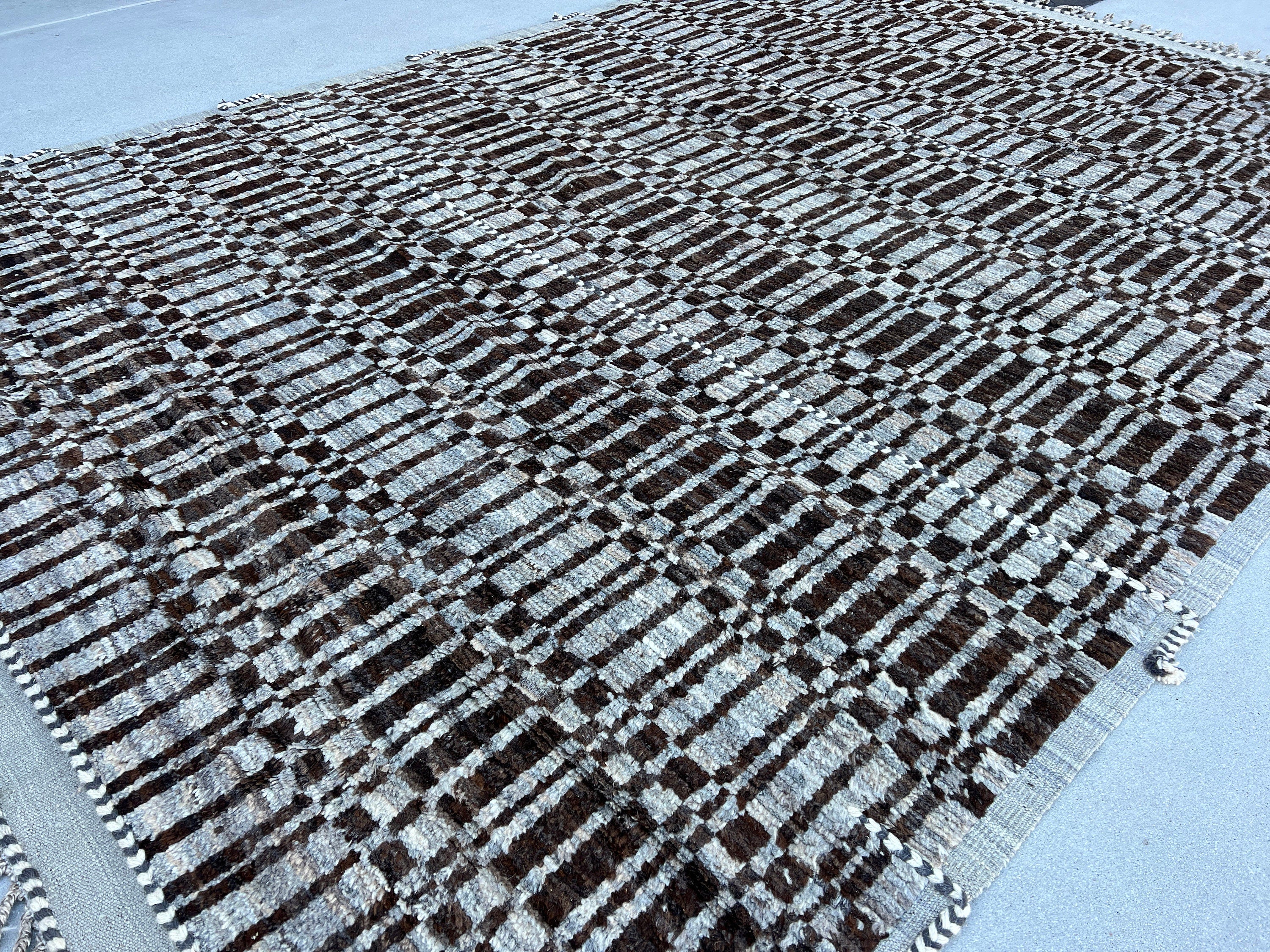 9x13 Handmade Afghan Moroccan Rug | Neutral Grey Gray Coffee Brown Ivory Cream | Berber Beni Ourain Mrirt Boujad Taznakht Flokati Wool Plush