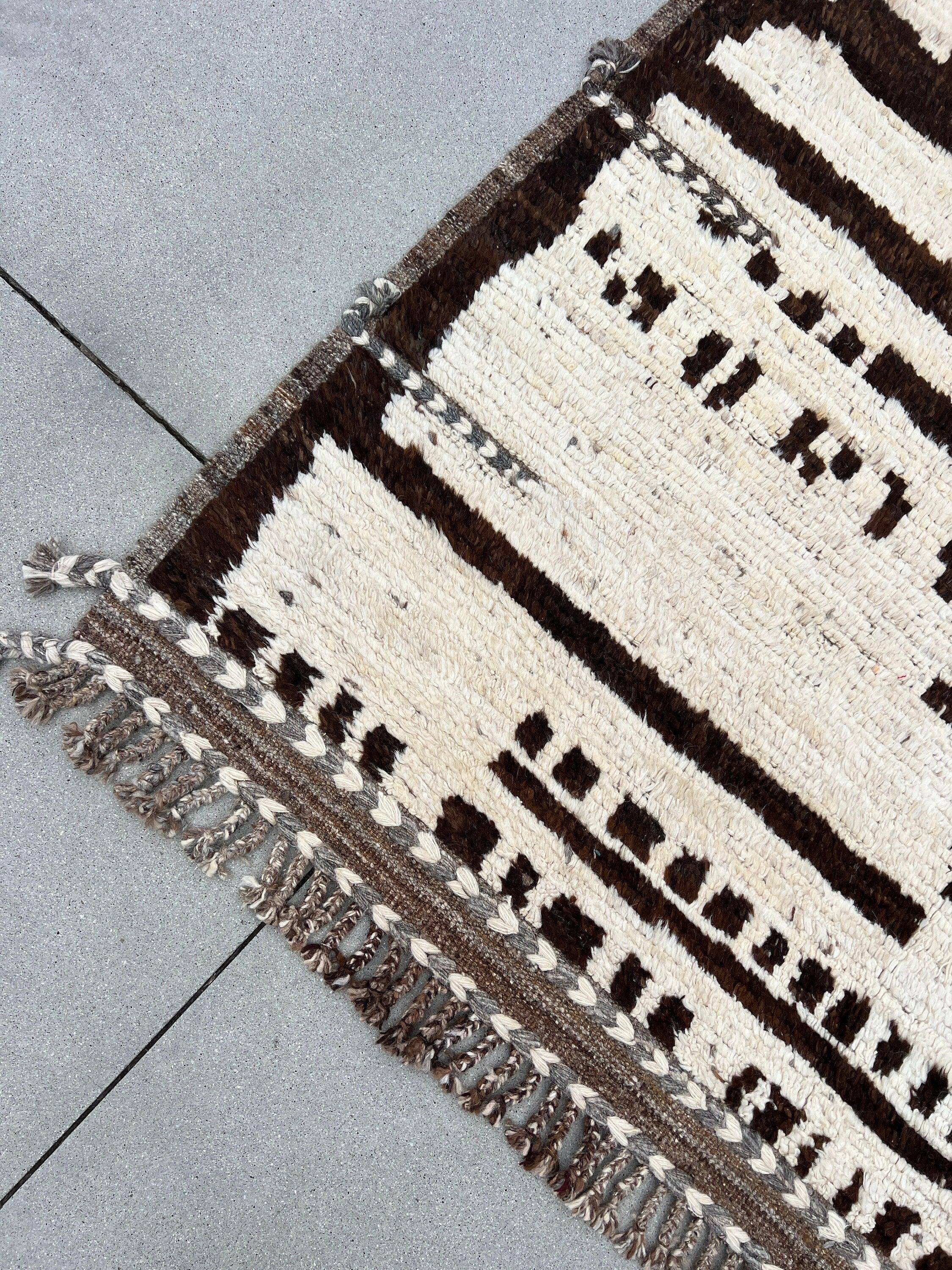 9x11 Handmade Afghan Moroccan Rug | Ivory Cream Yellow Beige Dark Chocolate Brown | Berber Beni Plush Turkish Wool Oushak Flokati Abstract