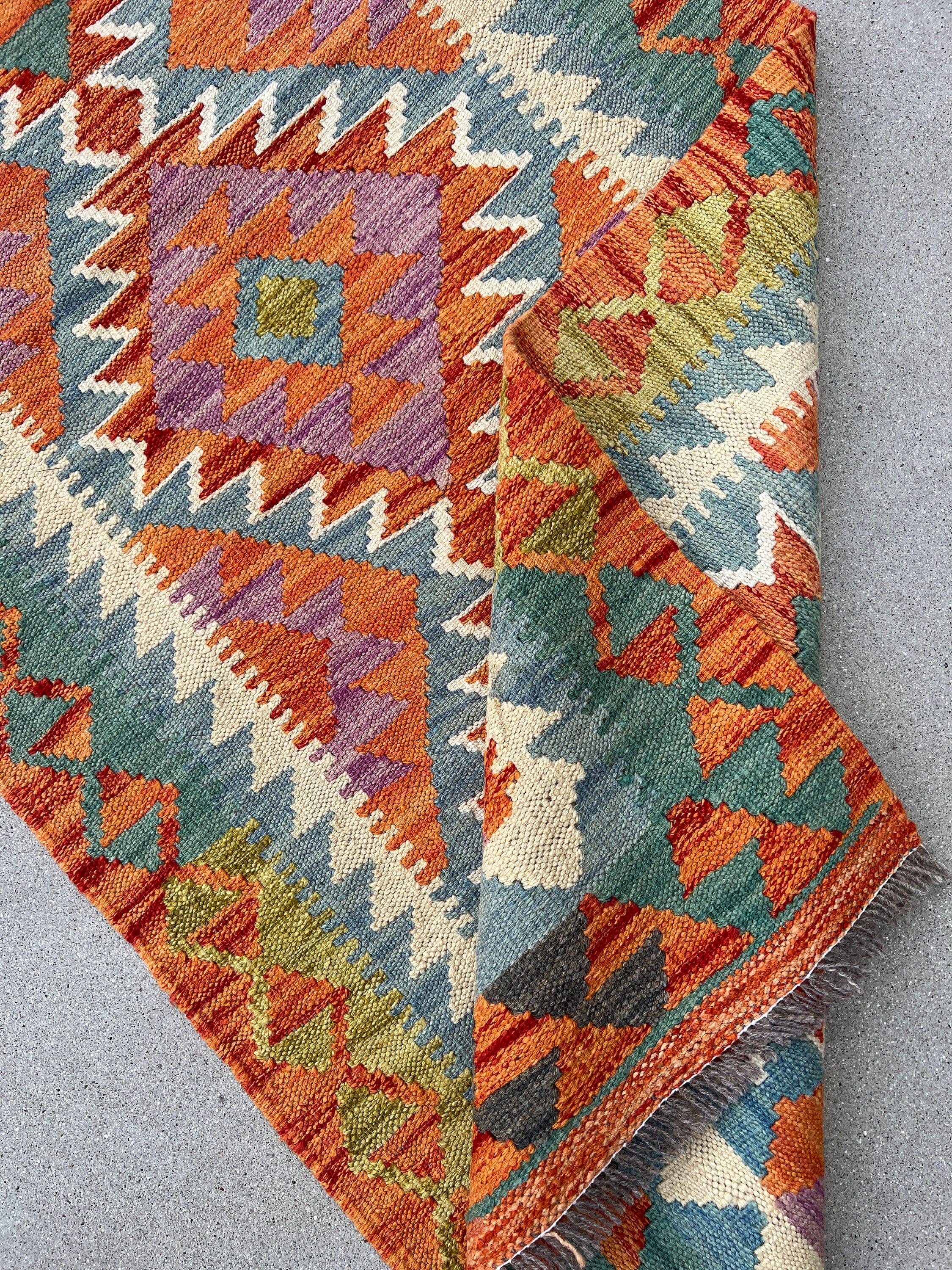 3x7 Handmade Afghan Kilim Runner Rug | Burnt Orange Teal Blue Purple Olive Green Ivory White Cream | Flatweave Flat Woven Wool Outdoor