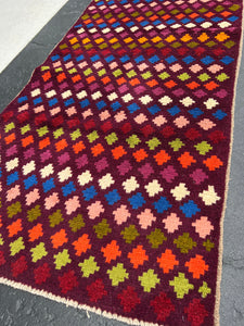 3x10 Handmade Afghan Runner Rug | Maroon Purple Magenta Baby Pink Orange Green Blue Red Green | Tribal Oriental Boho Geometric Persian Wool
