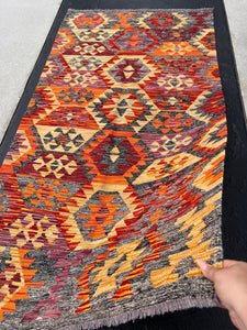 4x7 (120x215) Handmade Afghan Kilim Rug | Grey Burnt Fire Orange Wine Red Golden Yellow Eggplant Purple | Flatweave Persian Oriental Wool