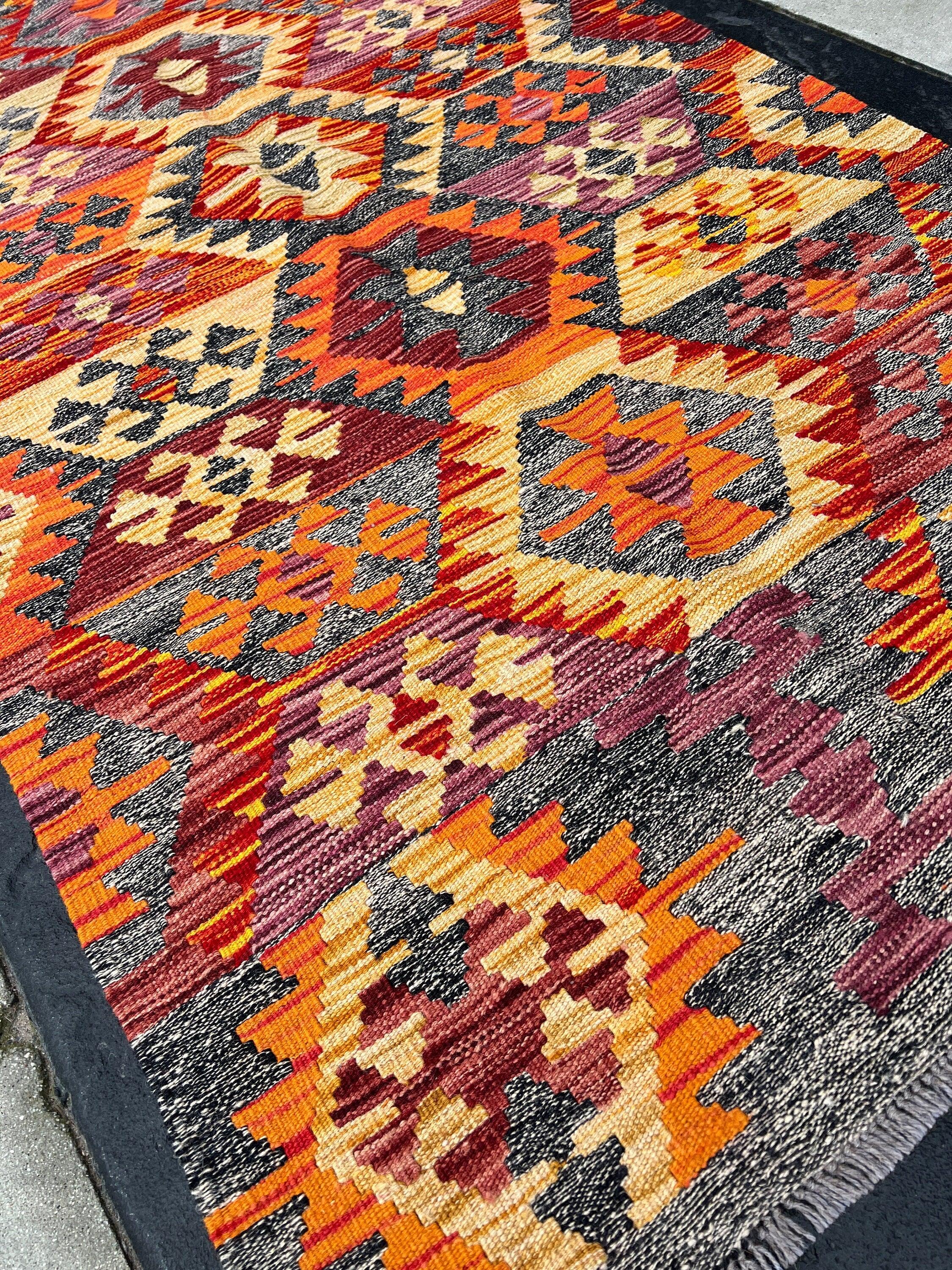 4x7 (120x215) Handmade Afghan Kilim Rug | Grey Burnt Fire Orange Wine Red Golden Yellow Eggplant Purple | Flatweave Persian Oriental Wool